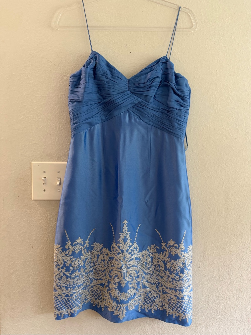Badgley Mischka Blue Spaghetti-Strap Midi Dress with Silver Embroidered Border